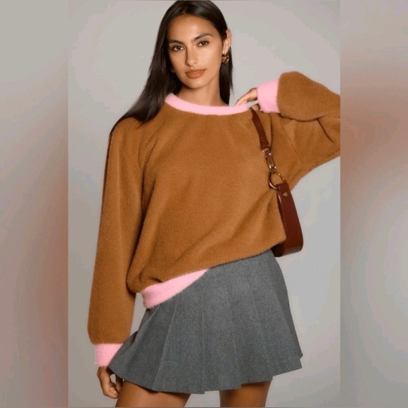 Maeve Tops - Anthropologie Maeve Cozy Ringer Fuzzy Sweater Sweatshirt Brown Pink Size XS